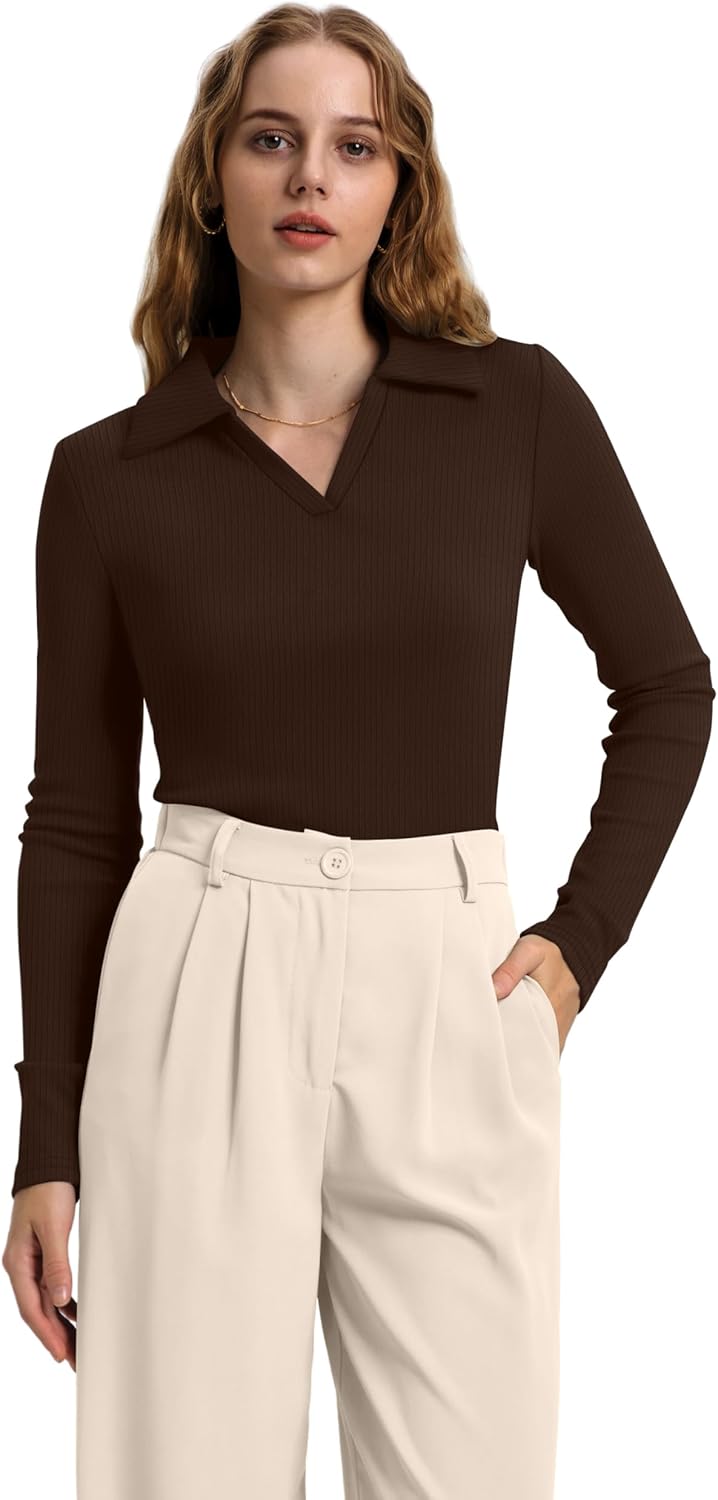 Long Sleeve Polo Sweater - Ribbed Knit Top