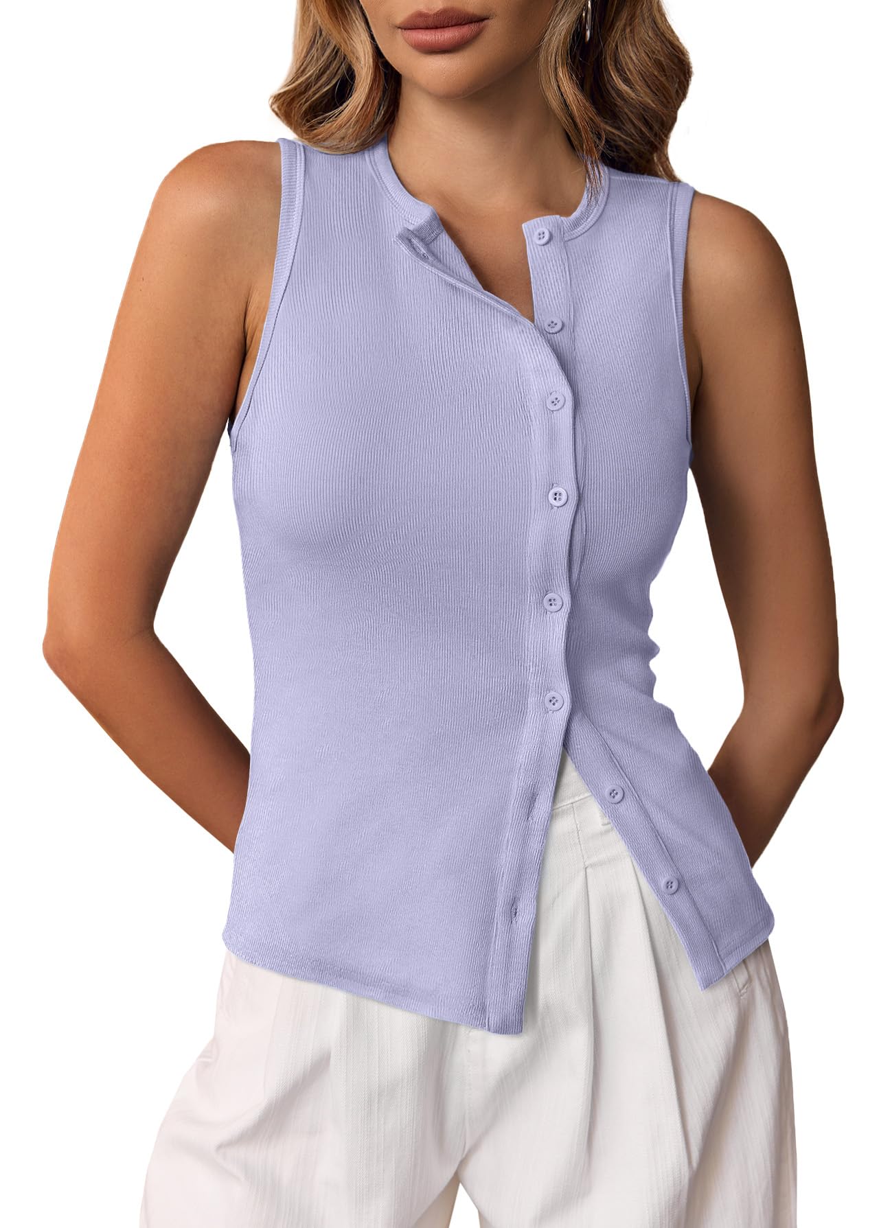 Button-Down Ribbed Tank Top - Sleeveless Vest