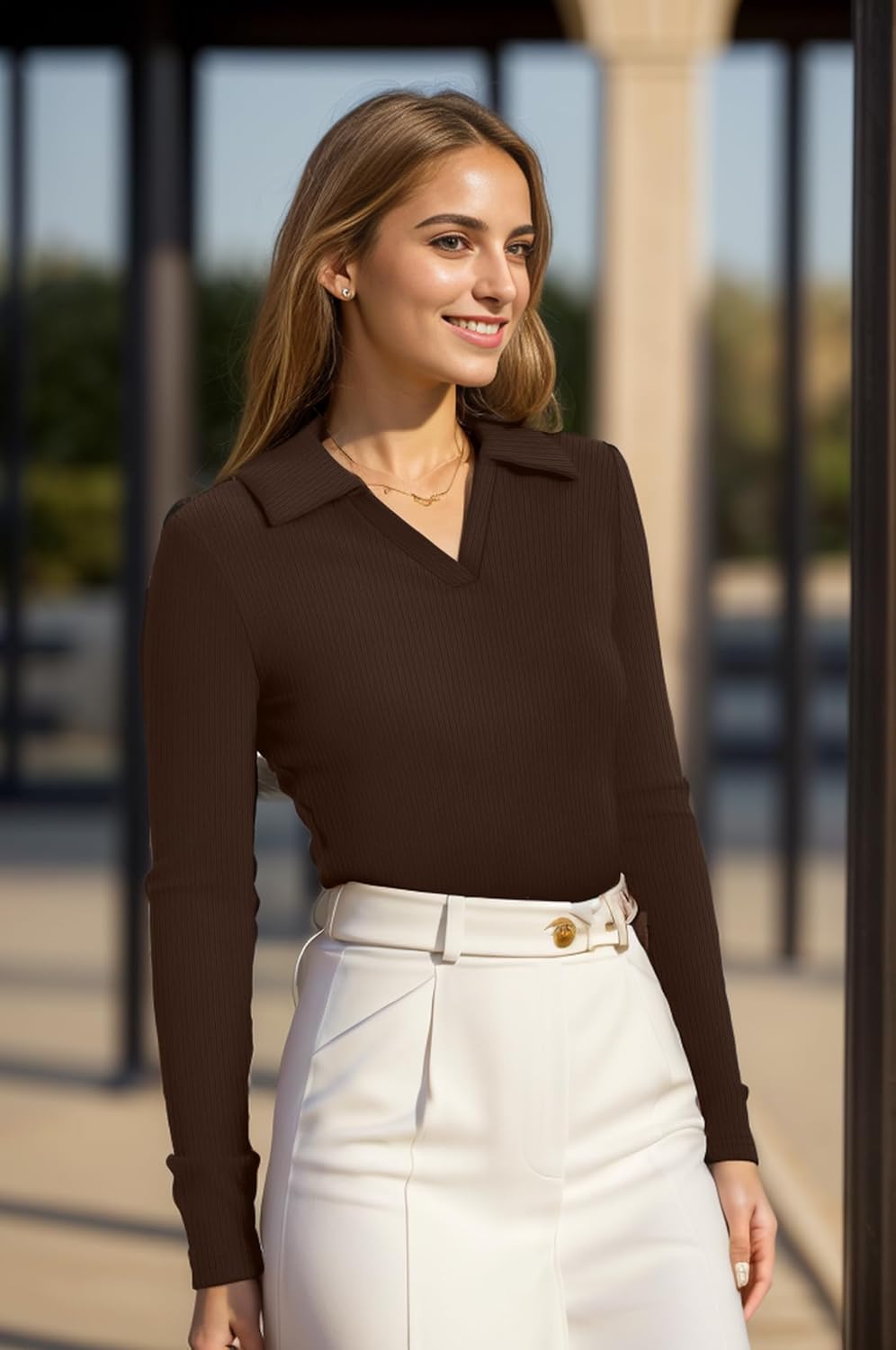 Long Sleeve Polo Sweater - Ribbed Knit Top