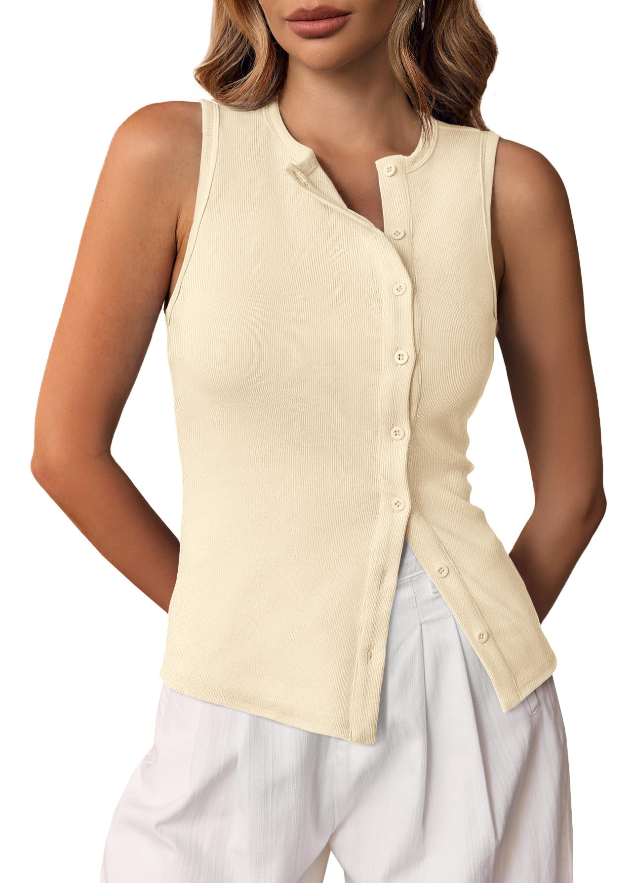 Button-Down Ribbed Tank Top - Sleeveless Vest