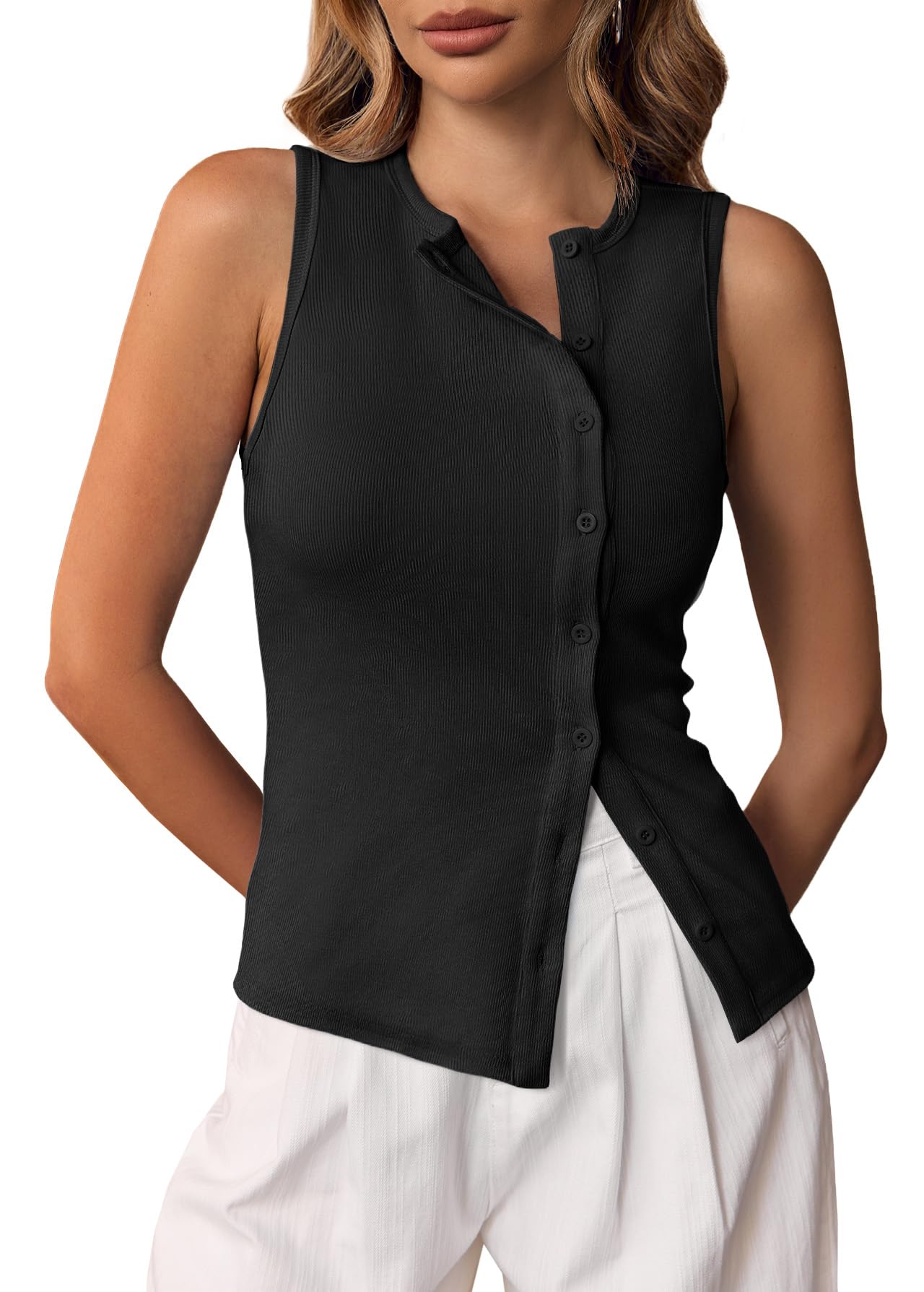 Button-Down Ribbed Tank Top - Sleeveless Vest