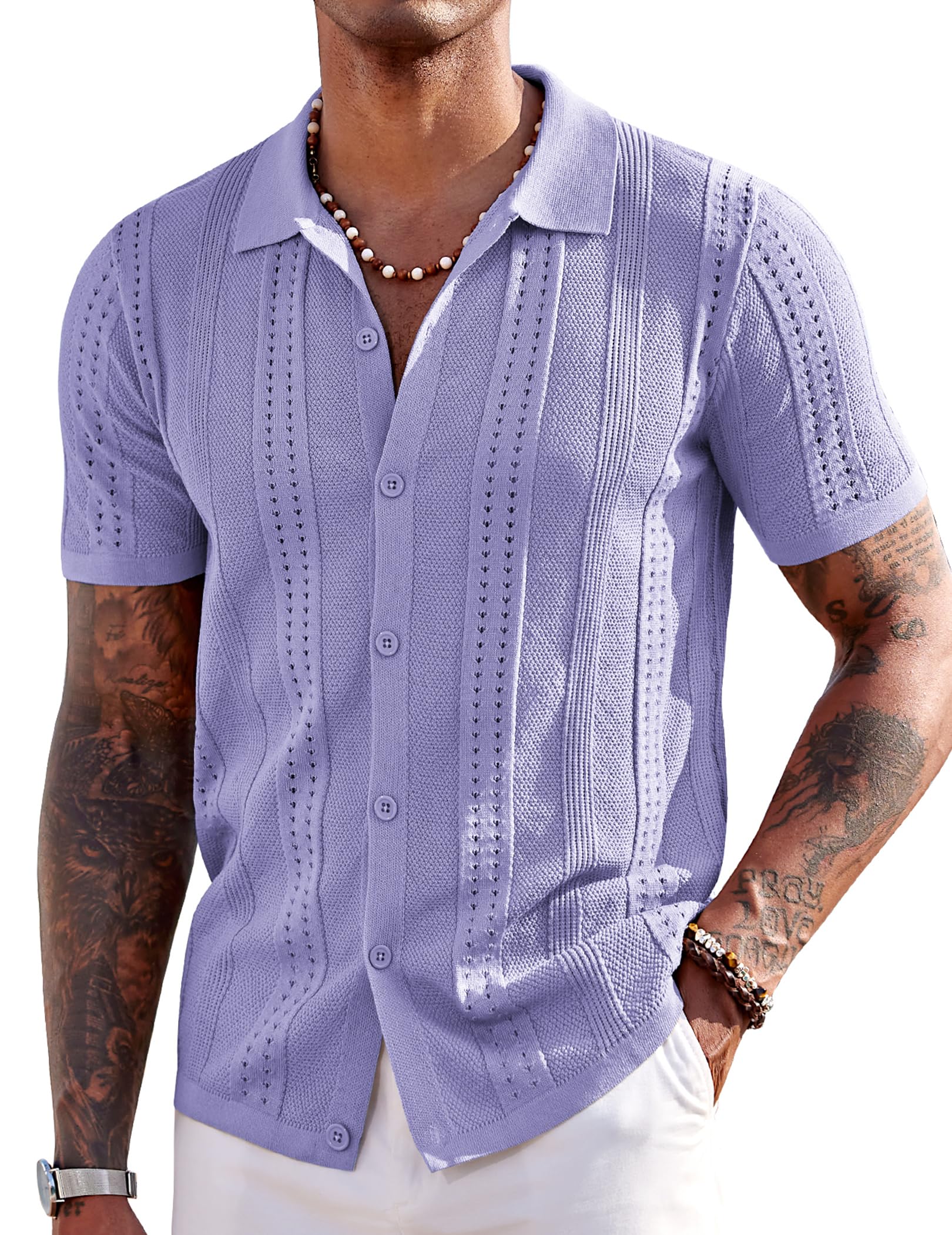 COOFANDY Men's Knit Shirts Short Sleeve Button Down Polo Shirt Fashion Casual Summer Beach Shirts