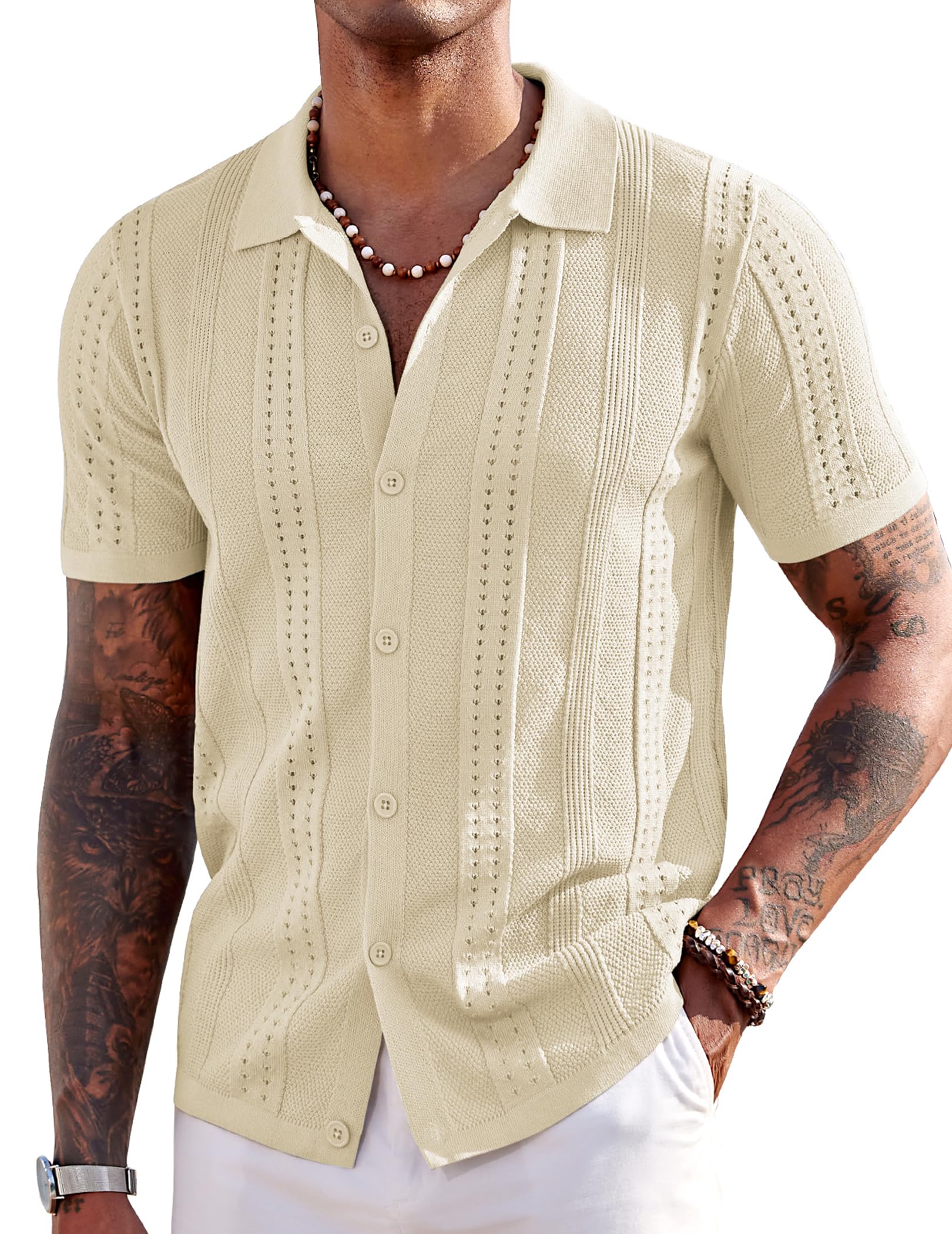 COOFANDY Men's Knit Shirts Short Sleeve Button Down Polo Shirt Fashion Casual Summer Beach Shirts