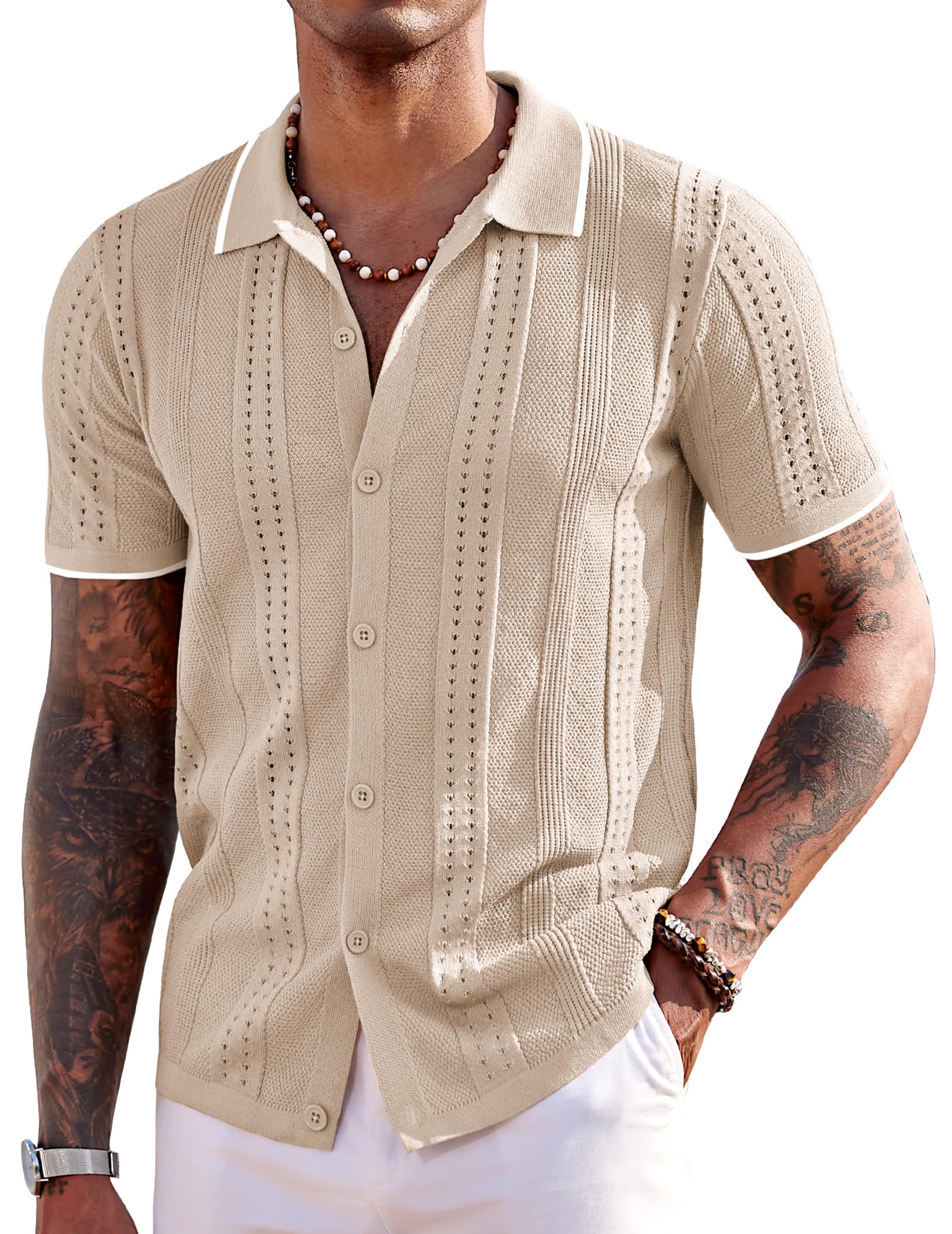 COOFANDY Men's Knit Shirts Short Sleeve Button Down Polo Shirt Fashion Casual Summer Beach Shirts