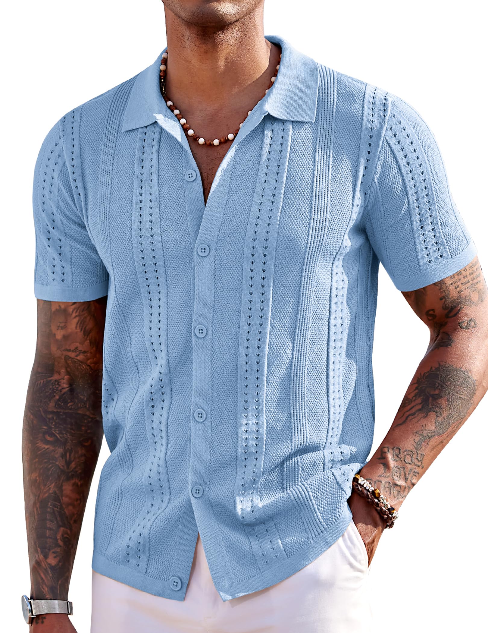 COOFANDY Men's Knit Shirts Short Sleeve Button Down Polo Shirt Fashion Casual Summer Beach Shirts