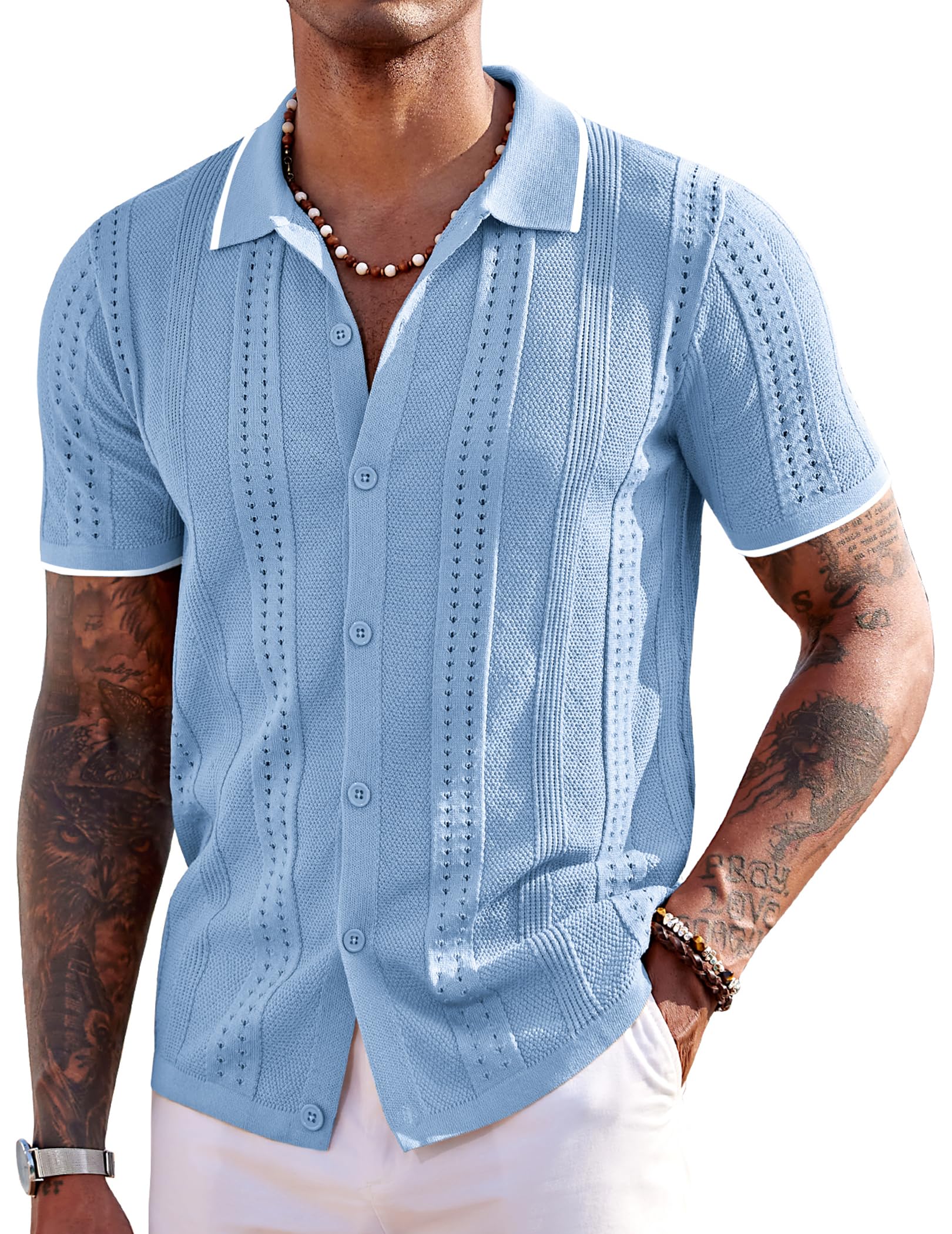 COOFANDY Men's Knit Shirts Short Sleeve Button Down Polo Shirt Fashion Casual Summer Beach Shirts