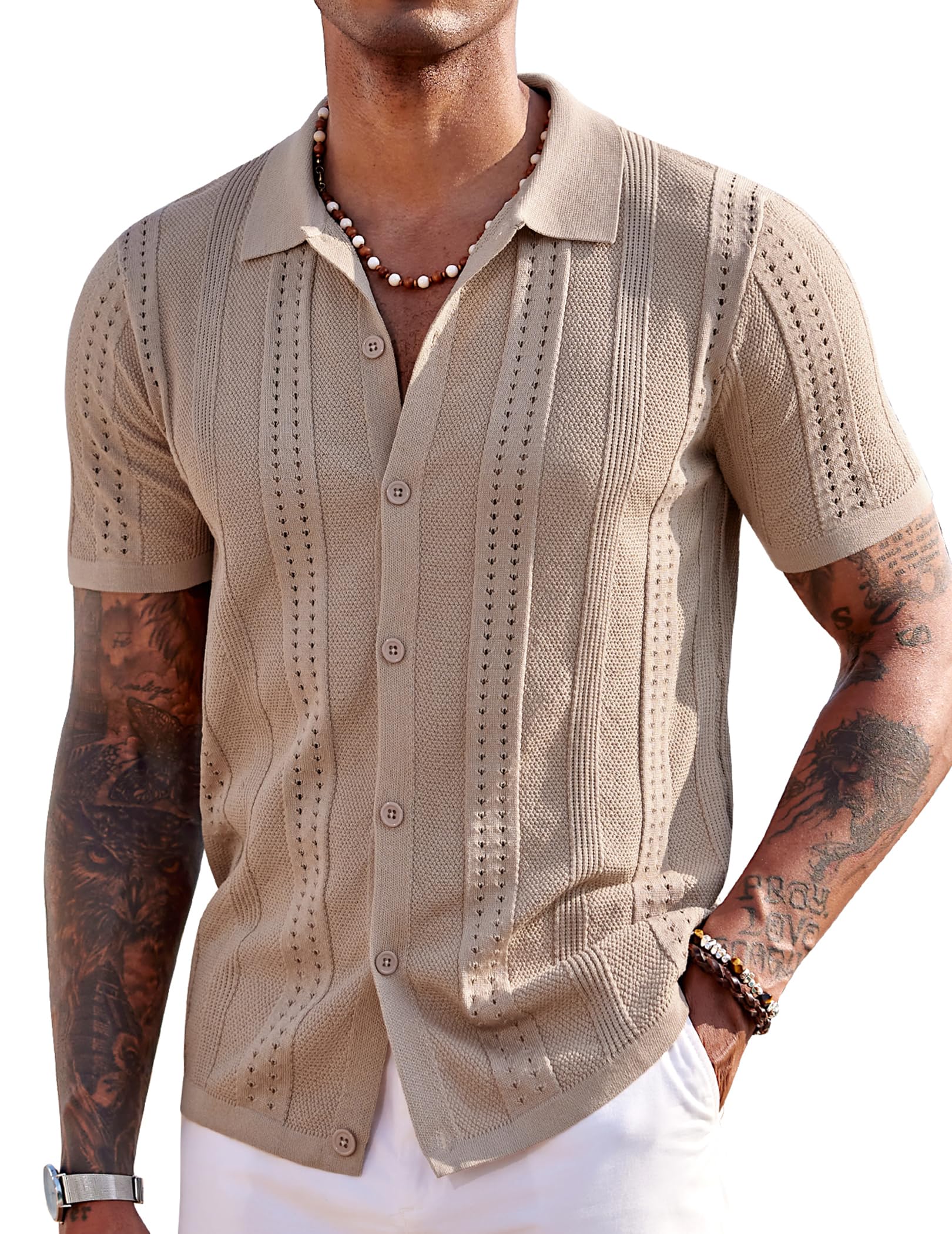 COOFANDY Men's Knit Shirts Short Sleeve Button Down Polo Shirt Fashion Casual Summer Beach Shirts