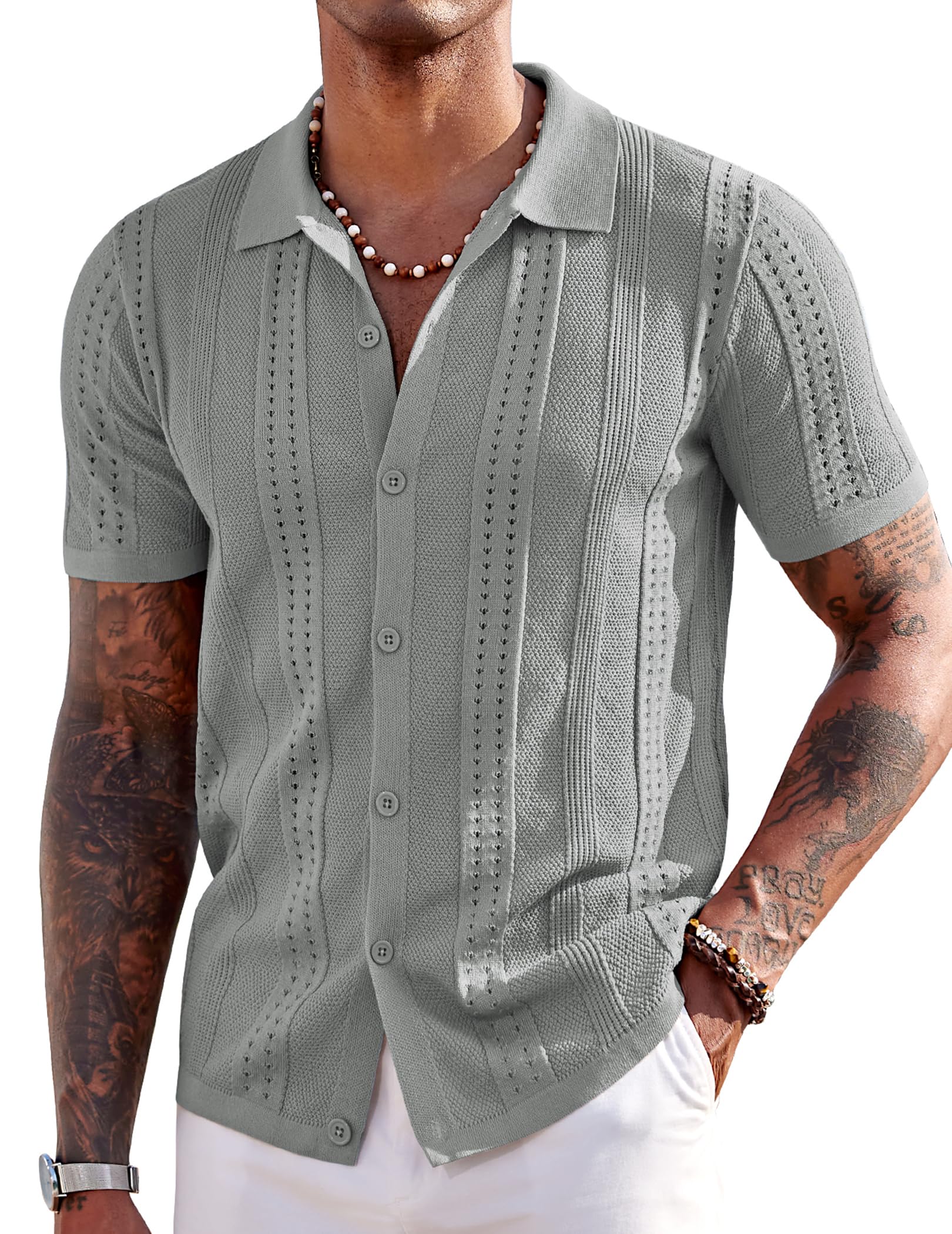 COOFANDY Men's Knit Shirts Short Sleeve Button Down Polo Shirt Fashion Casual Summer Beach Shirts